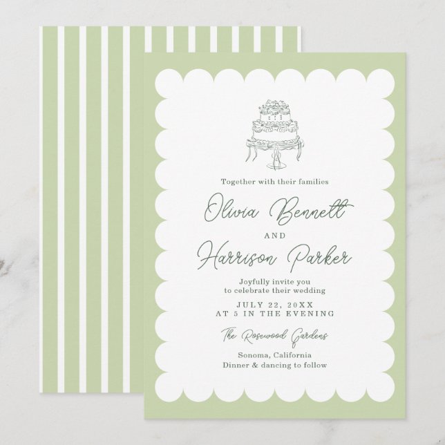 Mint Scalloped Romantic Cake Wedding Invitation (Front/Back)