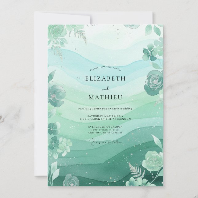 Mint Seafoam Leafy Wedding Invitation (Front)