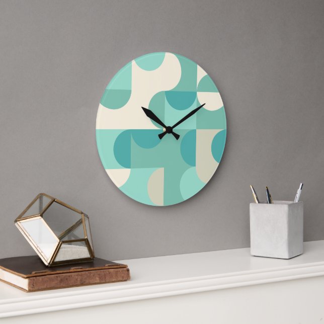 Mint Seafoam Teal Blue Green Retro Art Pattern Large Clock (Office)