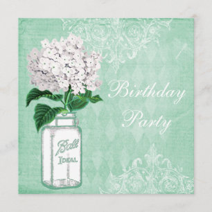 Mint Shabby Chic Jar & Hydrangea Birthday Party Invitation