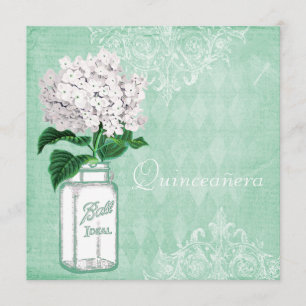 Mint Shabby Chic Mason Jar & Hydrangea Quinceanera Invitation