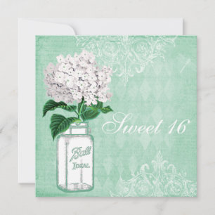Mint Shabby Chic Mason Jar & Hydrangea Sweet 16 Invitation