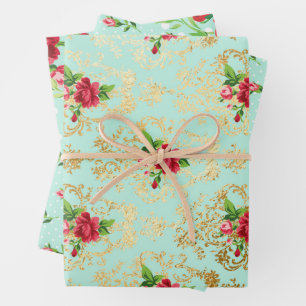 Mint Shabby Chic Retro Gold Lace Floral Wrapping Paper Sheet