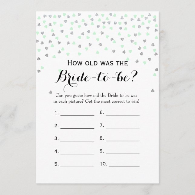 Mint Silver 2x Bridal Shower Game How Old | Advice (Front)