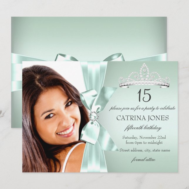 Mint Silver Diamond Bow & Tiara Quinceanera Invite (Front/Back)