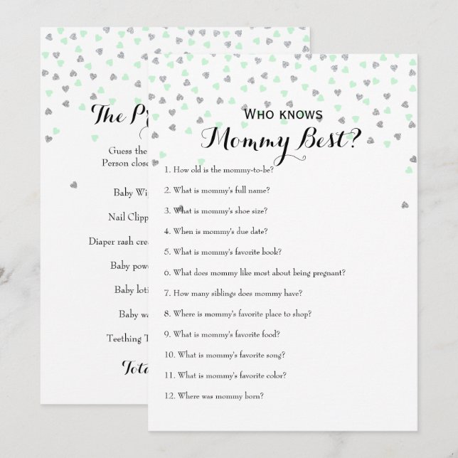 Mint Silver Double Sided - 2 x Baby Shower Games Invitation (Front/Back)