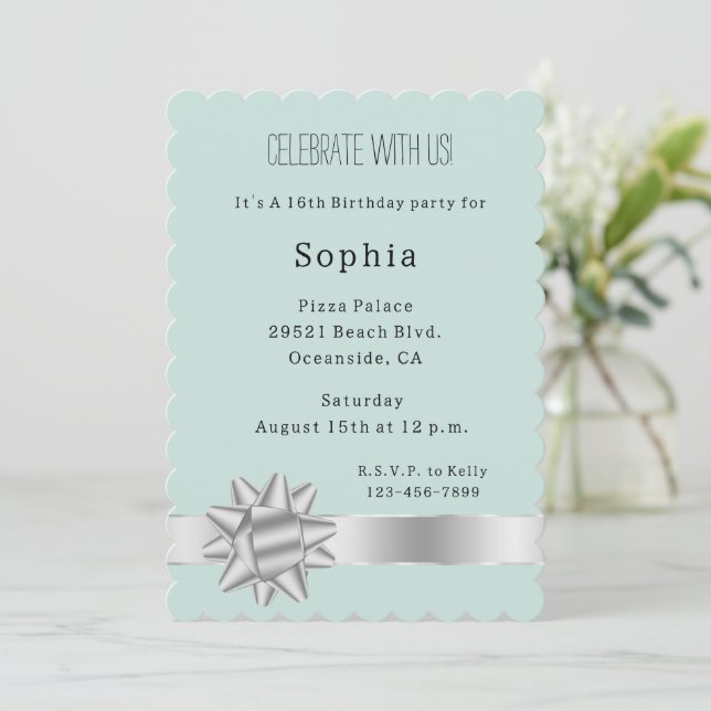 Mint Silver Glam Ribbon and Bow Birthday Invitation (Standing Front)