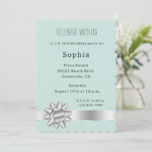 Mint Silver Glam Ribbon and Bow Birthday Invitation