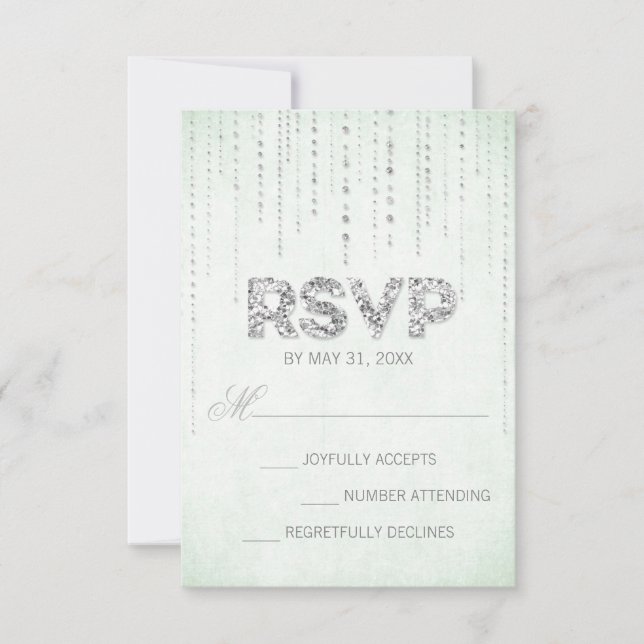 Mint & Silver Glitter Look Wedding RSVP Card (Front)