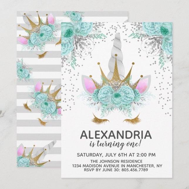 Mint, Silver & Gold Unicorn Princess Birthday Invitation (Front/Back)