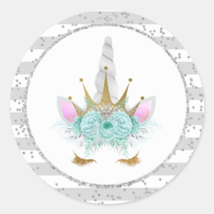 Mint, Silver & Gold Unicorn Princess Classic Round Sticker