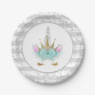 Mint, Silver & Gold Unicorn Princess Paper Plate