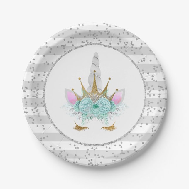 Mint, Silver & Gold Unicorn Princess Paper Plate (Front)