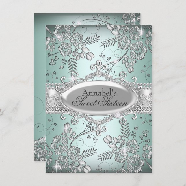 Mint Silver Sparkle Flower Sweet 16 Invite (Front/Back)