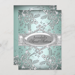 Mint Silver Sparkle Flower Sweet 16 Invite