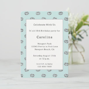 Mint Silver Sparkle Lips Birthday Invitation