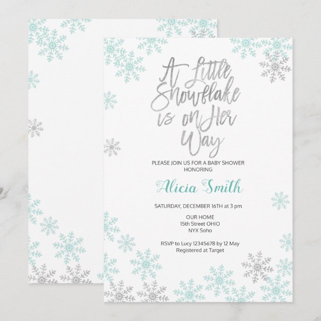 Mint Silver Winter Wonderland Girl Baby Shower Invitation (Front/Back)