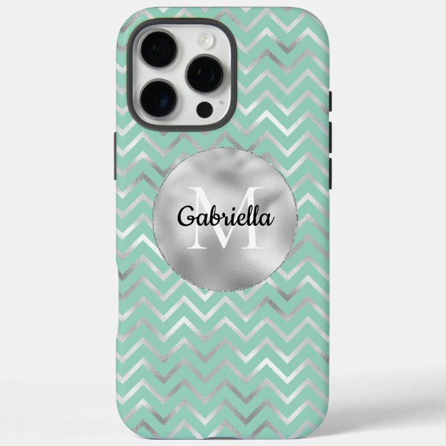 Mint Silver Zigzag Stripes Monogram Case-Mate iPhone Case (Back)