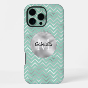 Mint Silver Zigzag Stripes Monogram iPhone 16 Pro Max Case