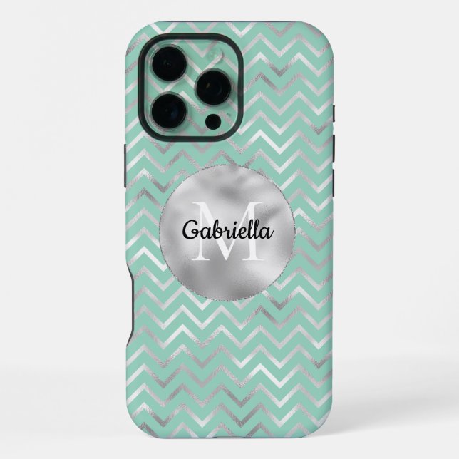 Mint Silver Zigzag Stripes Monogram iPhone Case (Back)