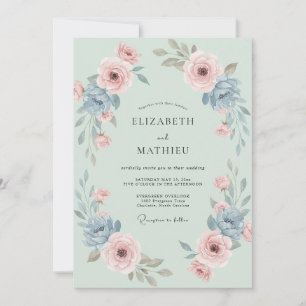 Mint Soft Blush Ranunculus Eucalyptus Wedding Invitation