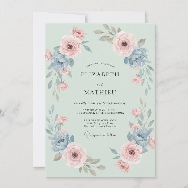 Mint Soft Blush Ranunculus Eucalyptus Wedding Invitation (Front)