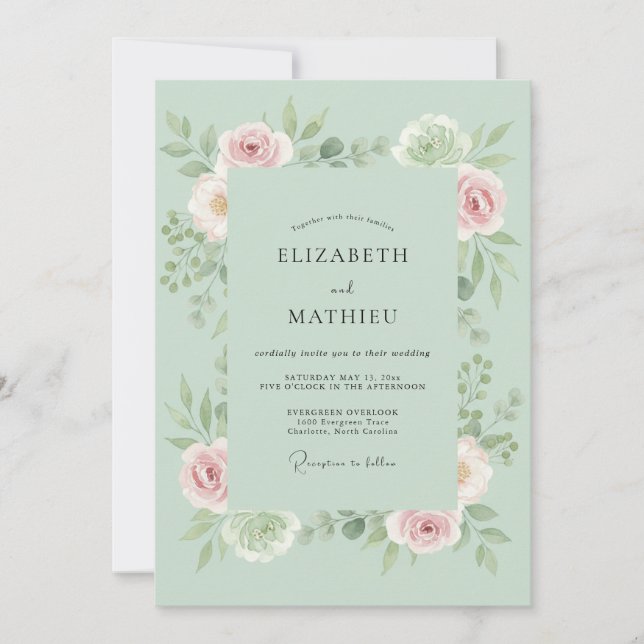 Mint Soft Floral Embrace Wedding Invitation (Front)
