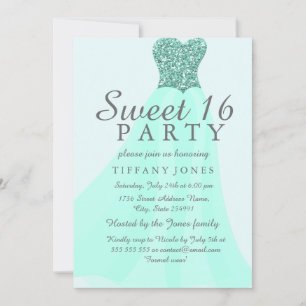 Mint Sparkling Glitter Gown Sweet 16 Invite