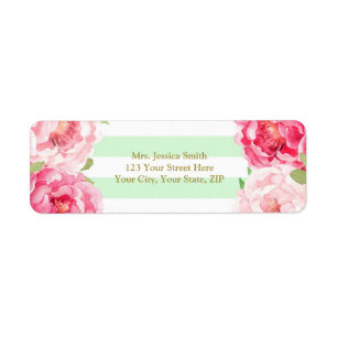 Mint Stripe Gold Pink Floral Return Address Label