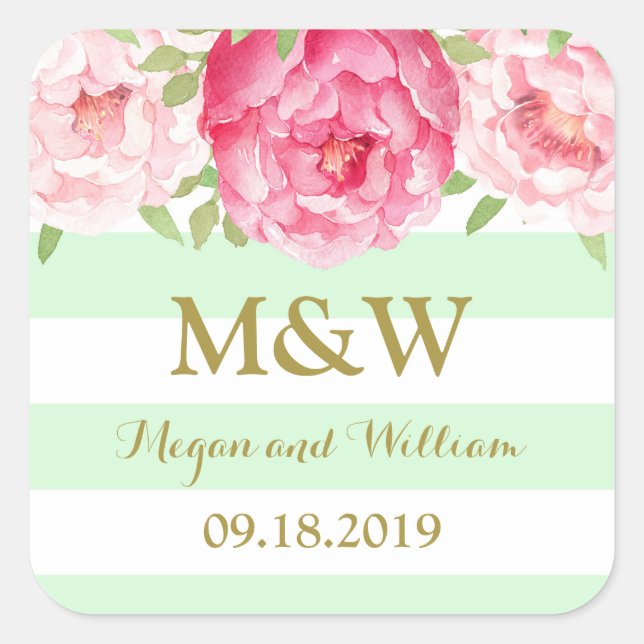 Mint Stripe Pink Floral Monogram Wedding Favour Ta Square Sticker (Front)