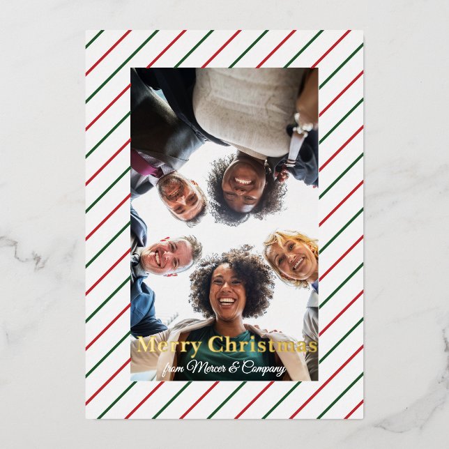 Mint Striped Frame Red White Green and Real Foil Holiday Card (Front)