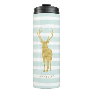 Mint Stripes and Gold Deer Head Thermal Tumbler