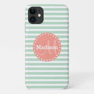 Mint Stripes Coral Monogram iPhone 11 Case