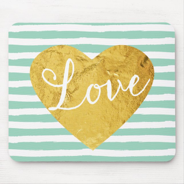 Mint Stripes Fake Gold Love Heart Cute Girly Mouse Mat (Front)