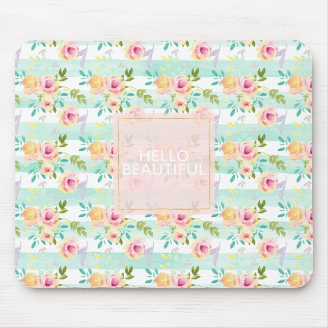 Mint Stripes Floral Chic Mouse Mat (Front)