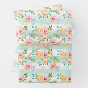 Mint Stripes Floral Chic Wrapping Paper Sheet