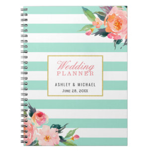 Mint Stripes Floral Wedding Planner Guestbook Notebook