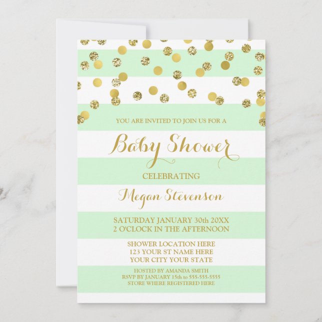 Mint Stripes Gold Confetti Baby Shower Invitation (Back)