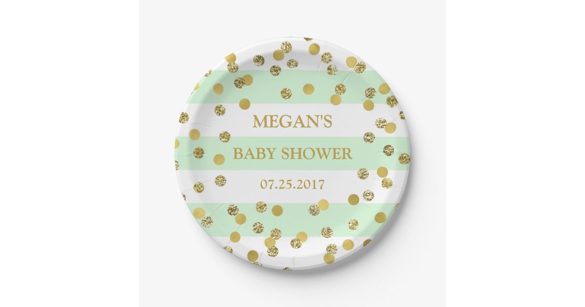 Mint Stripes Gold Confetti Baby Shower Plate Zazzle Co Uk