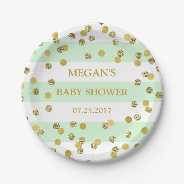 Mint Stripes Gold Confetti Baby Shower Plate (Front)