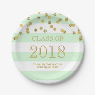 Mint Stripes Gold Confetti Graduation 2018 Paper Plate