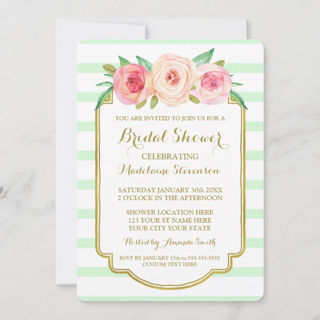 Mint Stripes Gold Pink Floral Bridal Shower Invitation (Back)