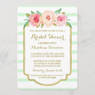 Mint Stripes Gold Pink Floral Bridal Shower Invitation