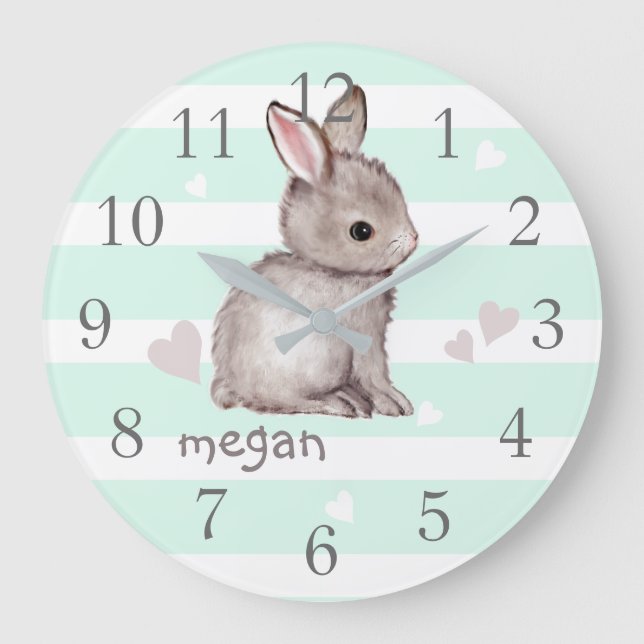 Mint Stripes Grey Bunny Nursery Wall Clock (Front)