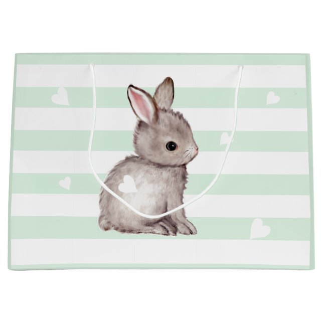 Mint Stripes Heart Grey Bunny Gift Bag (Front)
