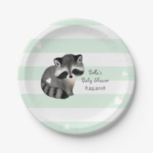Mint Stripes Heart Racoon Party Paper Plate