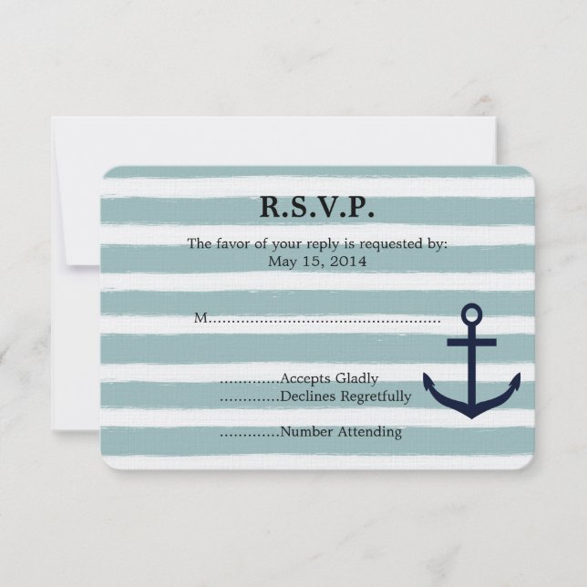 Mint Stripes Nautical Anchor Beach Wedding RSVP Card (Front)