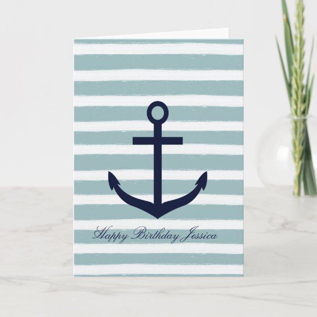 Mint Stripes Nautical Anchor Card (Front)