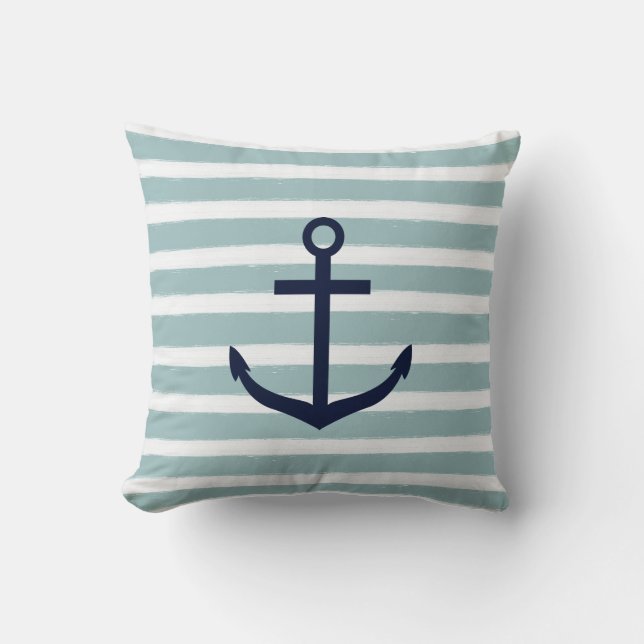 Mint Stripes Nautical Anchor Cushion (Front)
