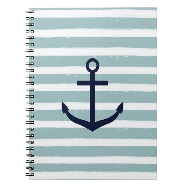 Mint Stripes Nautical Anchor Notebook (Front)